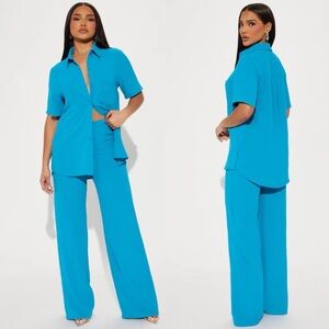 NWT Fashion Nova Makenzie Short Sleeve Pant Set blue Turquoise beach vacay Large